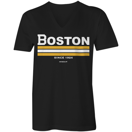 Boston Bruins Jersey Stripes Ladies V-Neck Tee Shirt