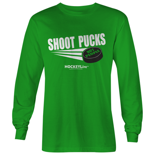 Shoot Pucks Not People Long Sleeve Tee Shirt (Green)