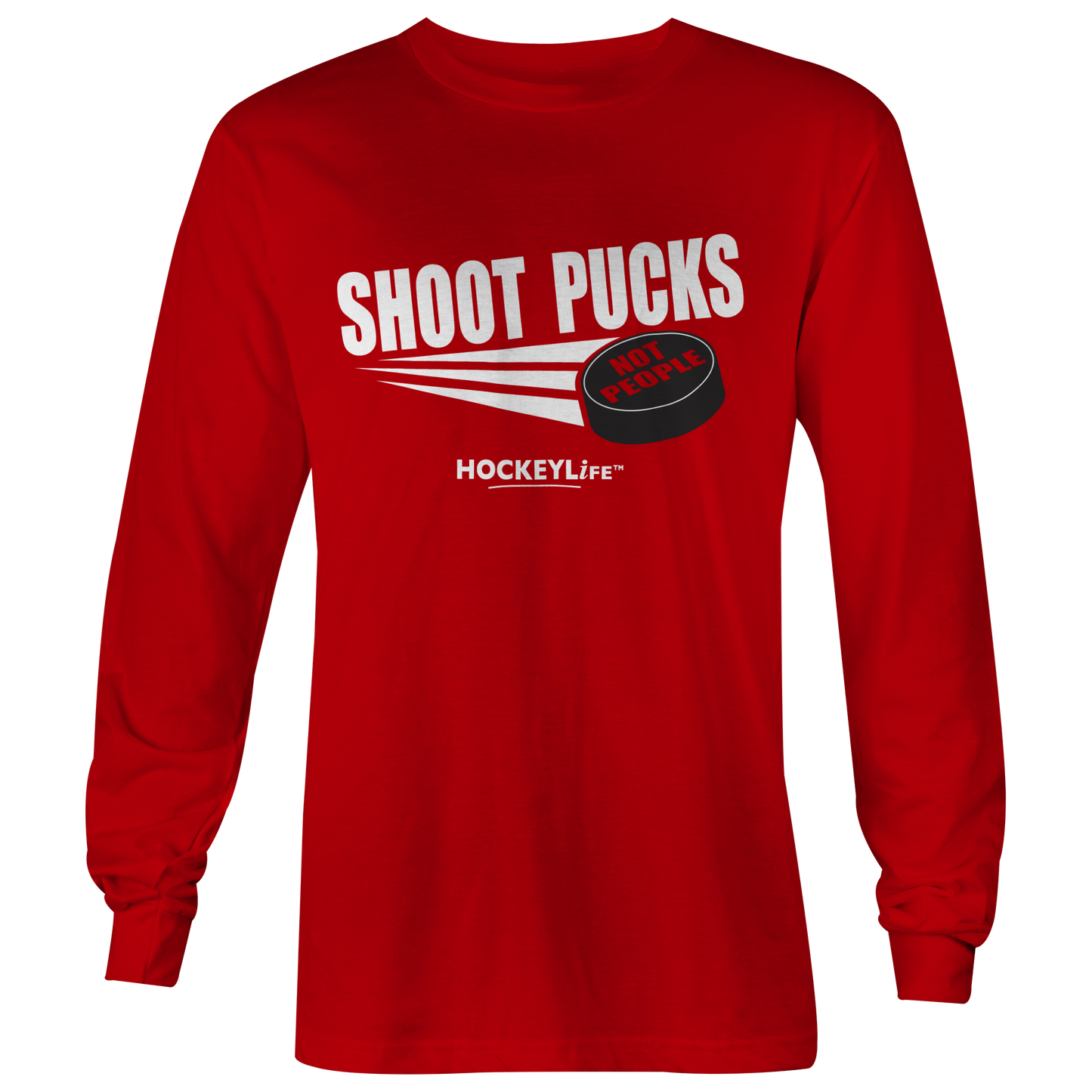 Shoot Pucks Not People Long Sleeve Tee Shirt (Red)