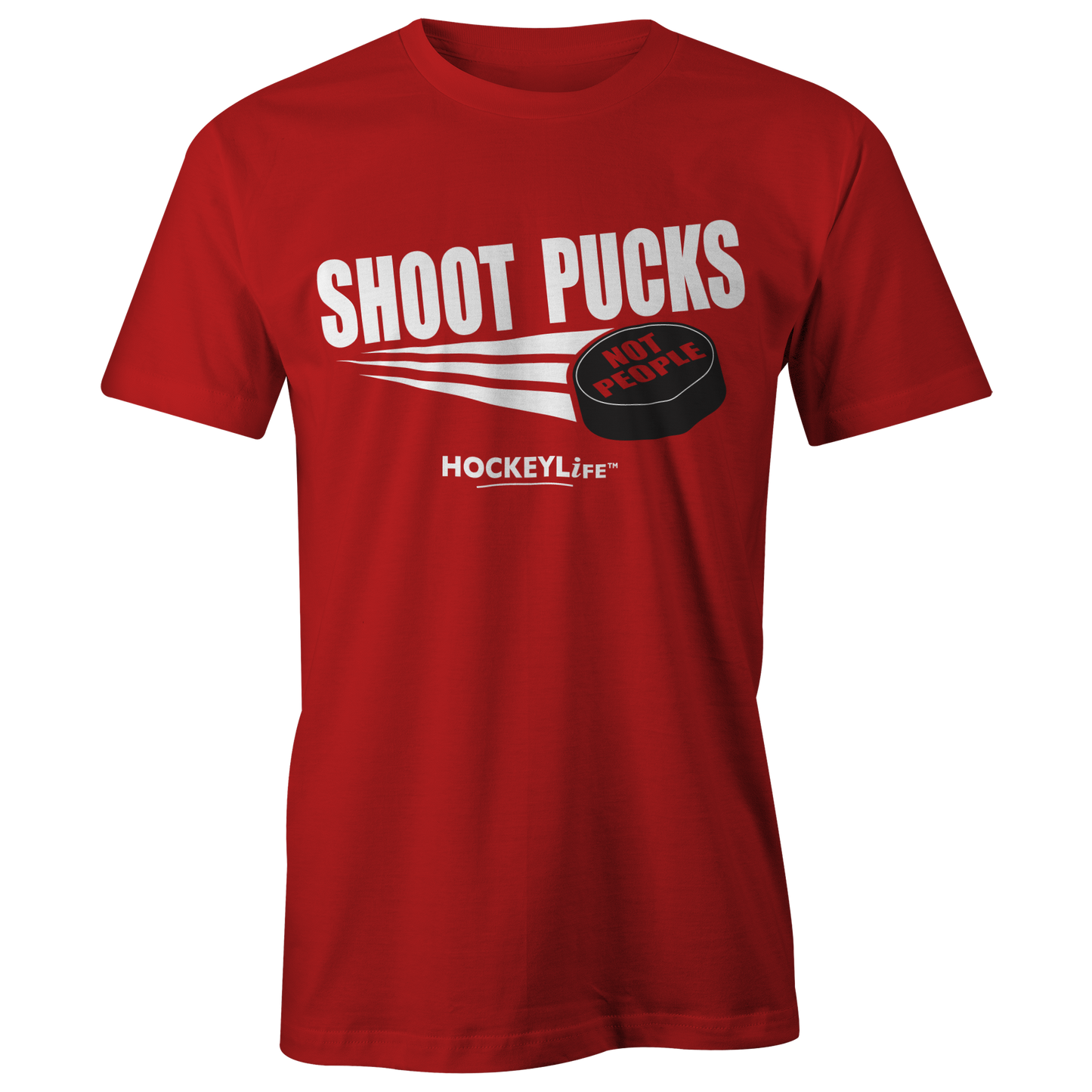 Shoot Pucks Not People Tee Shirt (Red)