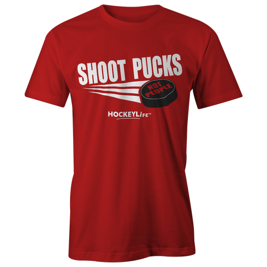 Shoot Pucks Not People Tee Shirt (Red)