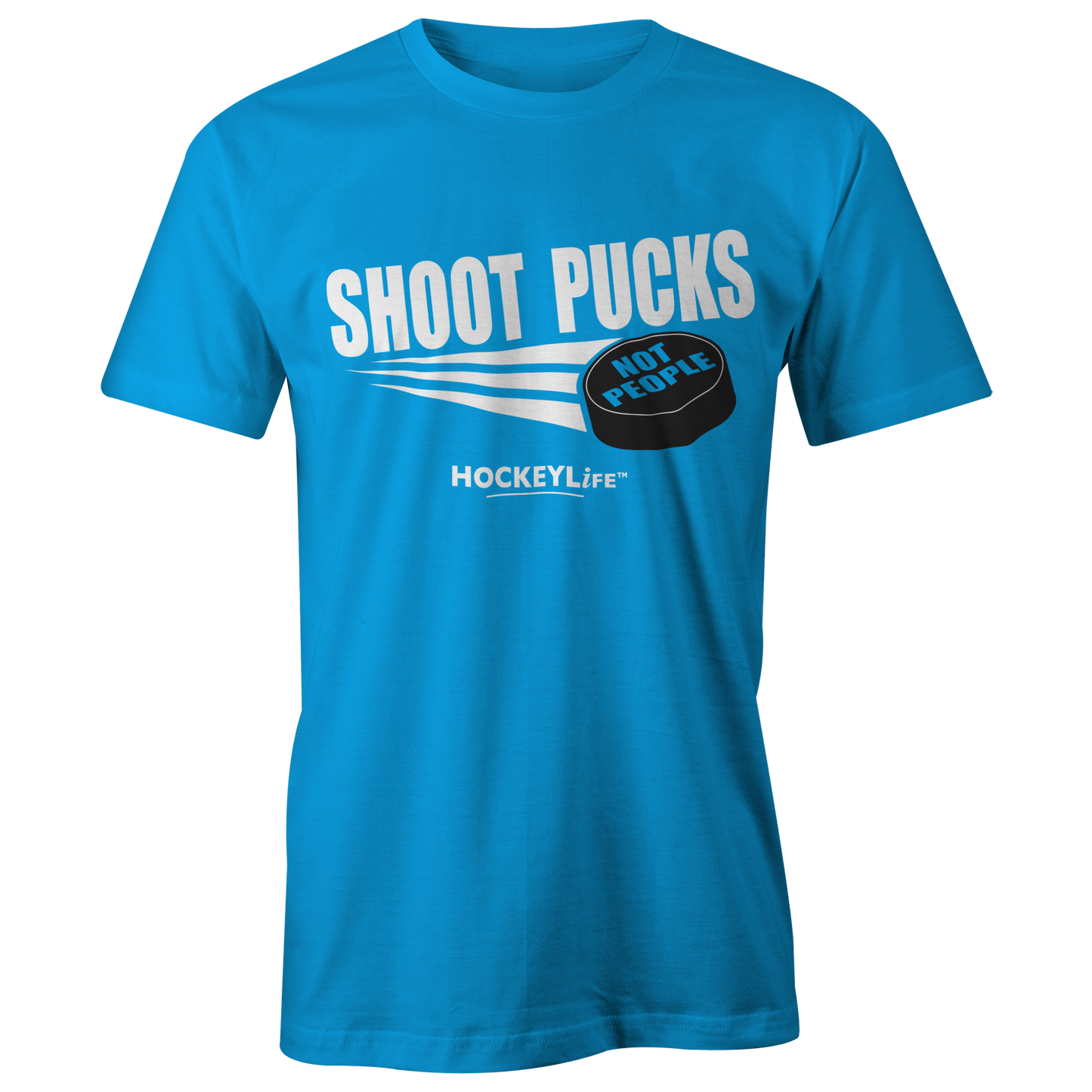Shoot Pucks Not People Tee Shirt (Sapphire)